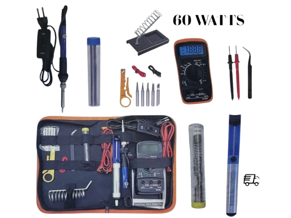 Kit completo con multímetro digital de alta precisión y cautín de 60W ideal para electrónica, reparaciones y proyectos DIY. Compra online al mejor precio.